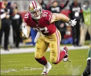  ?? TONY AVELAR / AP ?? San Francisco 49ers defensive end Nick Bosa made a big impression in his debut season last year. He had nine sacks, won Defensive Rookie of the Year and helped the Niners reach the Super Bowl.