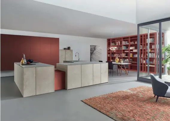  ??  ?? Leicht has been granted exclusive use of 15 colours from the Les Couleurs collection by Le Corbusier. This eye-catching red ochre is seen on its new Classic-FS I Stone kitchen