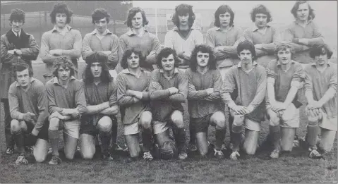  ??  ?? The Wicklow County Vocational Schools Leinster and All-Ireland champions of 1974. Back: Frank Campell (Dunlavin, trainer), Pat O’Toole (Dunlavin), Jack Lynch (Dunlavin), James Mooney (Dunlavin), Mick Hall (Carnew), Pat Kelly (Dunlavin), Tom Miley (Wicklow), Michael Flynn (Dunlavin). Front: Eamonn Dunne (Dunlavin), Pat ‘Giggler’ Doyle (Carnew), Seamus Fogarty (Wicklow), Ronnie Mackey (Dunlavin), Pat Ryan (Dunlavin), captain, John O’Brien (Dunlavin), Joe English (Dunlavin), Seamus McDonald (Wicklow), Joe Tompkins (Blessingto­n).