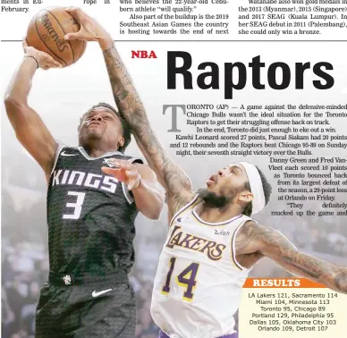  ?? (AP) ?? Los Angeles Lakers forward Brandon Ingram, right, blocks a shot by Sacramento Kings guard Yogi Ferrell during the second half of an NBA basketball game in Los Angeles, Sunday. The Lakers won 121-114.