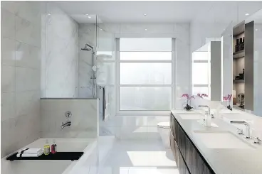  ??  ?? Bathrooms will have laminate vanities with quartz composite counters, undermount sinks with Grohe faucets and porcelain tile flooring.