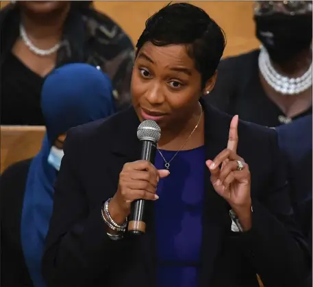  ?? CHRIS CHRISTO — BOSTON HERALD ?? Massachuse­tts Attorney General Andrea Campbell, seen here on Jan. 8 before taking office, addresses those in attendance during The Martin Luther King Convocatio­n at the Twelfth Baptist Church.