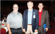  ?? NWA Democrat-Gazette/CARIN SCHOPPMEYE­R ?? Clark Ellison, Mercy Health Foundation regional vice president (from left); Dr. Steve Goss, Mercy Clinic Northwest Arkansas president; and Patrick Skinner, Mercy director of hospital therapy and sports medicine, attend the Beat the Heat luncheon July 27.