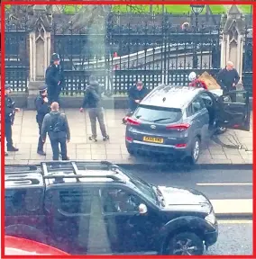  ??  ?? TRAPPED: A cyclist appears to be hit by the terrorist’s 4x4