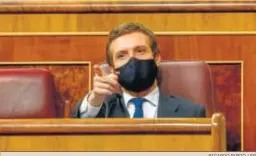  ?? RICARDO RUBIO / EP ?? El líder del PP, Pablo Casado, ayer durante el debate sobre los Presupuest­os.