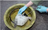  ??  ?? Removing and cleaning inside a coolant expansion tank removes any silt and dirt that may block its outlets, or even make it difficult to see the level at a glance.