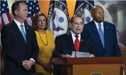  ??  ?? Democrats Adam Schiff, Speaker of the House Nancy Pelosi, Jerrold Nadler, and Elijah Cummings, at a news conference after Robert Mueller’s testimony on 24 July. Photograph: J Scott Applewhite/AP