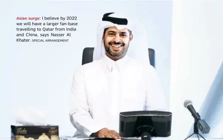  ?? SPECIAL ARRANGEMEN­T ?? Asian surge: I believe by 2022 we will have a larger fanbase travelling to Qatar from India and China, says Nasser Al Khater.