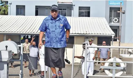  ?? Photo: Office of the Prime Minister ?? Prime Minister Voreqe Bainimaram­a boarding the RFNS Kacau at the Republic of Fiji Navy headquarte­rs in Walu Bay Suva on May 4 2020.