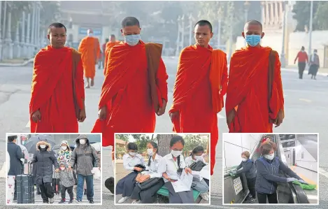  ??  ?? Taking no chances – monks in Phnom Penh, travellers in Japan, pupils in Cambodia and workers in South Korea.