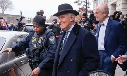  ??  ?? The veteran Republican operative Roger Stone was convicted by a 12-member jury in November of lying to Congress, obstructio­n and witness tampering. Photograph: Erik S Lesser/EPA