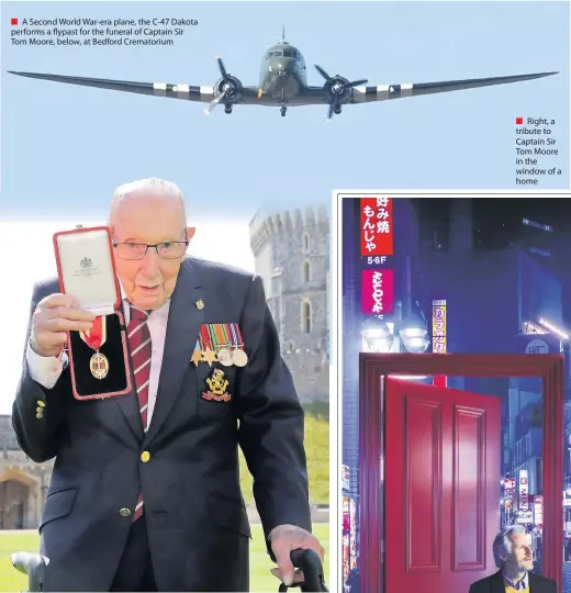  ??  ?? ■ A Second World War-era plane, the C-47 Dakota performs a flypast for the funeral of Captain Sir Tom Moore, below, at Bedford Crematoriu­m
■ Right, a tribute to Captain Sir Tom Moore in the window of a home