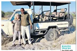  ??  ?? MAKING TRACKSSue Watt with ‘Michael’, above, the rhino monitor from Chief’s Camp; a white rhino, left