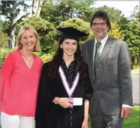  ?? Photo by Michelle Cooper Galvin ?? Mara Treacy who received her Diploma in Piano Performanc­e London College of Music with her parents Edel and Sean at the Dunlop Castle Hotel, Killarney on Saturday.