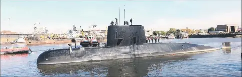  ??  ?? File photo shows the ARA San Juan and crew leaving the port of Buenos Aires, Argentina. — Reuters photo