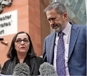  ?? Christophe­r Furlong ?? ●●Figen makes a statement outside Manchester Magistrate­s’ Court as the final report on the Arena attack is published