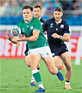  ??  ?? Hard to stop: Jacob Stockdale gathers his kick ahead for Ireland against Scotland