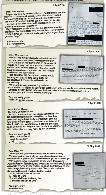  ?? ?? Dear Father Harvey
Re Mary Bernadette ***
You will be aware from the correspond­ence that the foster mother in this case (Mrs Hurrion) has been seeking to have baby Bernadette. She has now written to me having received your letter of 31 March 1960 I am sending you a copy of my reply and I trust you will do your best to block any further efforts Mrs Hurrion may make to get this baby.
Very sincerely yours Father James Good Lough Presbytery Cork