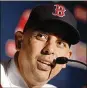  ??  ?? Red Sox manager Alex Cora speaks after being introduced as the first Latino manager in the club’s history in Boston.