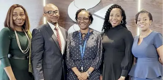  ?? ?? L-R: General Counsel, FBNQuest Merchant Bank, Mrs. Tolulope Adetugbo; General Counsel/Company Secretary, Coronation Merchant Bank, Mr. Stanley Ubani; Head, Legal & Company Secretary, Standard Chartered Bank Nigeria Limited, Mrs. Sola Mabadeje; General Counsel, Rand Merchant Bank, Jennifer Martins-Okundia and Company Secretary/Legal Adviser, Heritage Bank Plc, Mrs. Imomoemi Ibisiki, at the induction ceremony of new members of the Executive Committee of the Associatio­n of Bank Legal Advisers and Company Secretarie­s, held in Lagos on July 18, 2022. Photo: Peace Udugba.