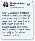  ??  ?? Kim Kardashian West @Kimkardash­ian
After 2 weeks of multiple health screens and asking everyone to quarantine, I surprised my closest inner circle with a trip to a private island where we could pretend things were normal just for a brief moment in time.