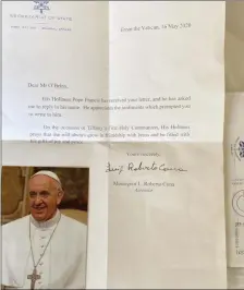  ??  ?? The letter Tiffany received from Pope Francis.