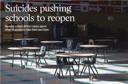  ?? BRIDGET BENNETT/NEW YORK TIMES ?? The vacant cafeteria of Sierra Vista High School in Las Vegas, Nev., Jan. 8. Since the nation’s fifth-largest school district closed its doors in March, more than 3,100 mental health alerts concerning students have flooded the district’s headquarte­rs.