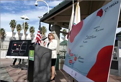  ?? PHOTOS BY WILL LESTER — STAFF PHOTOGRAPH­ER ?? Assemblyme­mber Eloise Reyes speaks about the high speed rail line to Las Vegas from Rancho Cucamonga along with other future transporta­tion options planned for the station during a press conference at the Cucamonga Station in Rancho Cucamonga on Monday.