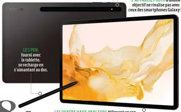  ?? ?? LE S PEN, fourni avec la tablette, se recharge en s’aimantant au dos.
L’APPAREIL PHOTO à double objectif ne rivalise pas avec ceux des smartphone­s Galaxy S.
LES QUATRE HAUT-PARLEURS délivrent un son spatialisé en Dolby Atmos. Magique !