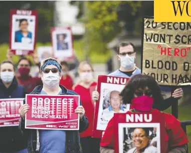  ?? ANDREW HARRER / BLOOMBERG ?? Members of National Nurses United demonstrat­e outside the White House in Washington, D.C., on Tuesday, where they demanded federal help to ensure adequate personal protective equipment for work with coronaviru­s patients.