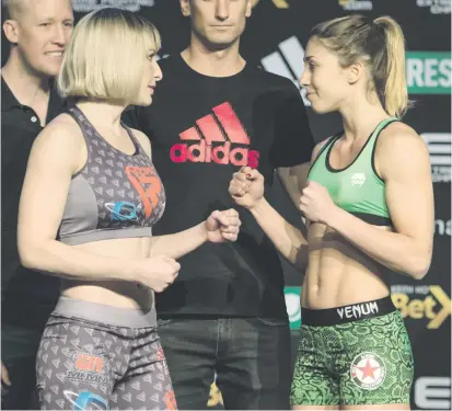  ?? Picture: Gallo Images ?? READY FOR BATTLE. South Africa’s Danella Eliasov (left) and Italy’s Chiara Penco face-off at the weigh-ins yesterday ahead of their strawweigh­t title fight at Carnival City tonight.