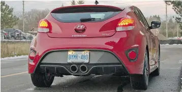  ??  ?? The Veloster Turbo features a diffuser-like rear fascia with integrated round exhaust tips and 18-inch wheels. LESLEY WIMBUSH/DRIVING.CA