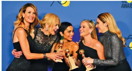  ??  ?? Laura Dern, from left, Nicole Kidman, Zoe Kravitz, Reese Witherspoo­n and Shailene Woodley pose with the award for best television limited series or motion picture made for television for “Big Little Lies.”