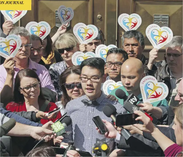  ?? GAVIN YOUNG / POSTMEDIA NEWS ?? Miles Hong, brother of victim Lawrence Hong, spoke outside court on behalf of the victims’ families, saying, “We continue to be broken.”