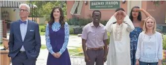  ?? PHOTOS BY COLLEEN HAYES/NBC ?? From left, Danson, D’Arcy Carden, William Jackson Harper, Manny Jacinto, Jameela Jamil and Bell explore the afterlife on NBC’s “The Good Place.”