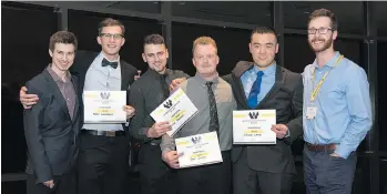  ?? BCIT ?? WEC Chair Andrew Ydenberg, far left, with the winning team from the senior design competitio­n: (from left) Terry Calderbank, Luke Pankratz, Jake Jarvis, Joshua Lang and senior design competitio­n lead Logan Wicks. The members of the winning team are all...