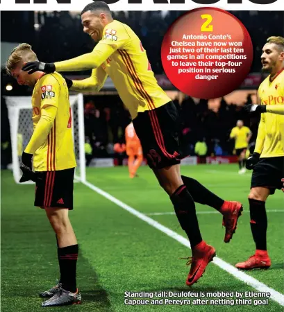  ??  ?? Standing tall: Deulofeu is mobbed by Etienne Capoue and Pereyra after netting third goal