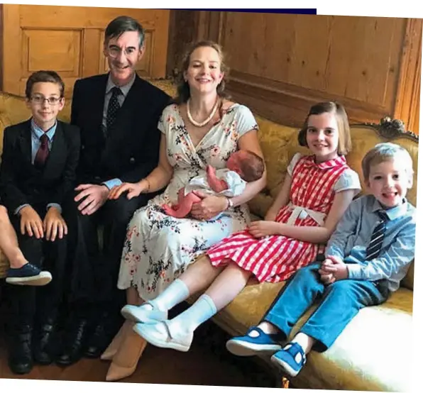  ??  ?? One big, happy family: Jacob and Helena Rees-Mogg with their six children. ‘I’m an indulgent father and a hopless diciplinar­ian,’ he confesses
