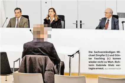  ?? BILD: SN/ROBERT RATZER ?? Die Sachverstä­ndigen Michael Zimpfer (l.) und Günter Fasching (r.) kamen wieder nicht zu Wort. Richterin Gabriele Glatz vertagte erneut.