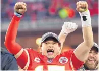  ?? TOM PENNINGTON/GETTY ?? Quarterbac­k Patrick Mahomes reacts after the Chiefs defeated the Titans in the AFC Championsh­ip game on Sunday. The Chiefs won 35-24 behind three touchdown passes and a rushing touchdown from Mahomes.
