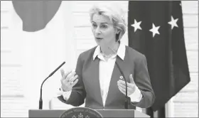  ?? YOSHIKAZU TSUNO/AP ?? EUROPEAN COMMISSION PRESIDENT URSULA VON DER LEYEN announces a joint statement with Japanese Prime Minister Fumio Kishida and European Council President Charles Michel at the prime minister’s official residence in Tokyo on May 12.