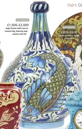  ??  ?? £1,000–£2,000 Anglo-Persian bottle vase by Leonard King, featuring large painted scaly !sh ESTIMATE