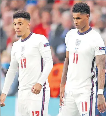  ?? Picture: REUTERS/Carl Recine ?? England’s Marcus Rashford and Jadon Sancho prepare to come on as substitute­s during the Euro 2020 final against Italy at Wembley Stadium, London, Britain.