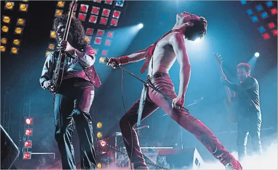  ?? ALEX BAILEY THE ASSOCIATED PRESS ?? Gwilym Lee as Brian May, left, Rami Malek as Freddie Mercury and Joe Mazzello as John Deacon in a scene from “Bohemian Rhapsody.”