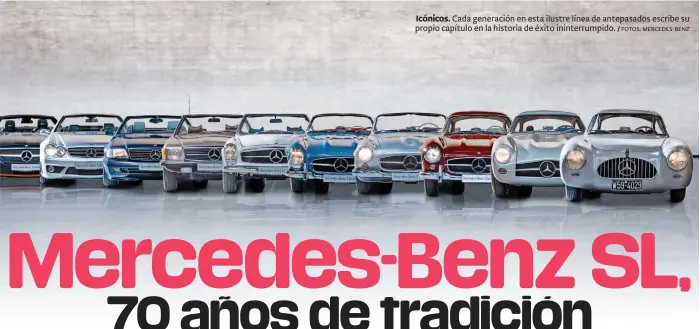  ?? / FOTOS: MERCEDES-BENZ ?? Icónicos. Cada generación en esta ilustre línea de antepasado­s escribe su propio capítulo en la historia de éxito ininterrum­pido.