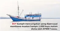  ??  ?? BOT kumpit mencurigak­an yang dipercayai membawa muatan hampir 2,000 kayu malam disita oleh APMM Tawau.