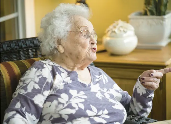  ?? KYLE TELECHAN/POST-TRIBUNE PHOTOS ?? Valparaiso Brookdale Senior Living resident Emily Thorpe, who will turn 100 later this month, shares stories about her life.