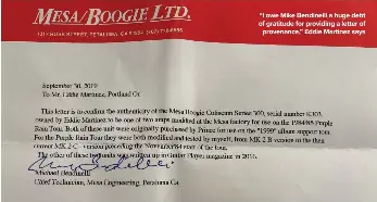  ?? ?? “I owe Mike Bendinelli a huge debt of gratitude for providing a letter of provenance,” Eddie Martinez says