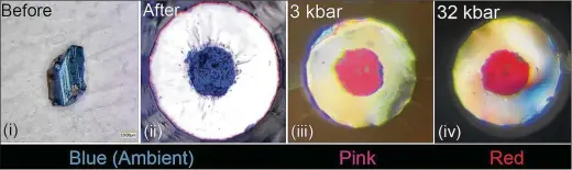  ?? RANGA DIAS VIA THE NEW YORK TIMES ?? A series of images show how Ranga Dias and his team started with lutetium, combining the rare metal with hydrogen and nitrogen to form tiny bright blue crystals. To create the high levels of pressure required for supercondu­ctivity, they squeezed the compound between two bits of diamond, making the crystals turn pink.