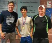  ??  ?? After winning the District 1 AAA singles final Saturday, Great Valley’s Sameer Gangoli is joined by assistant coach Andy Herron (left) and head coach Paul Waltz (right).